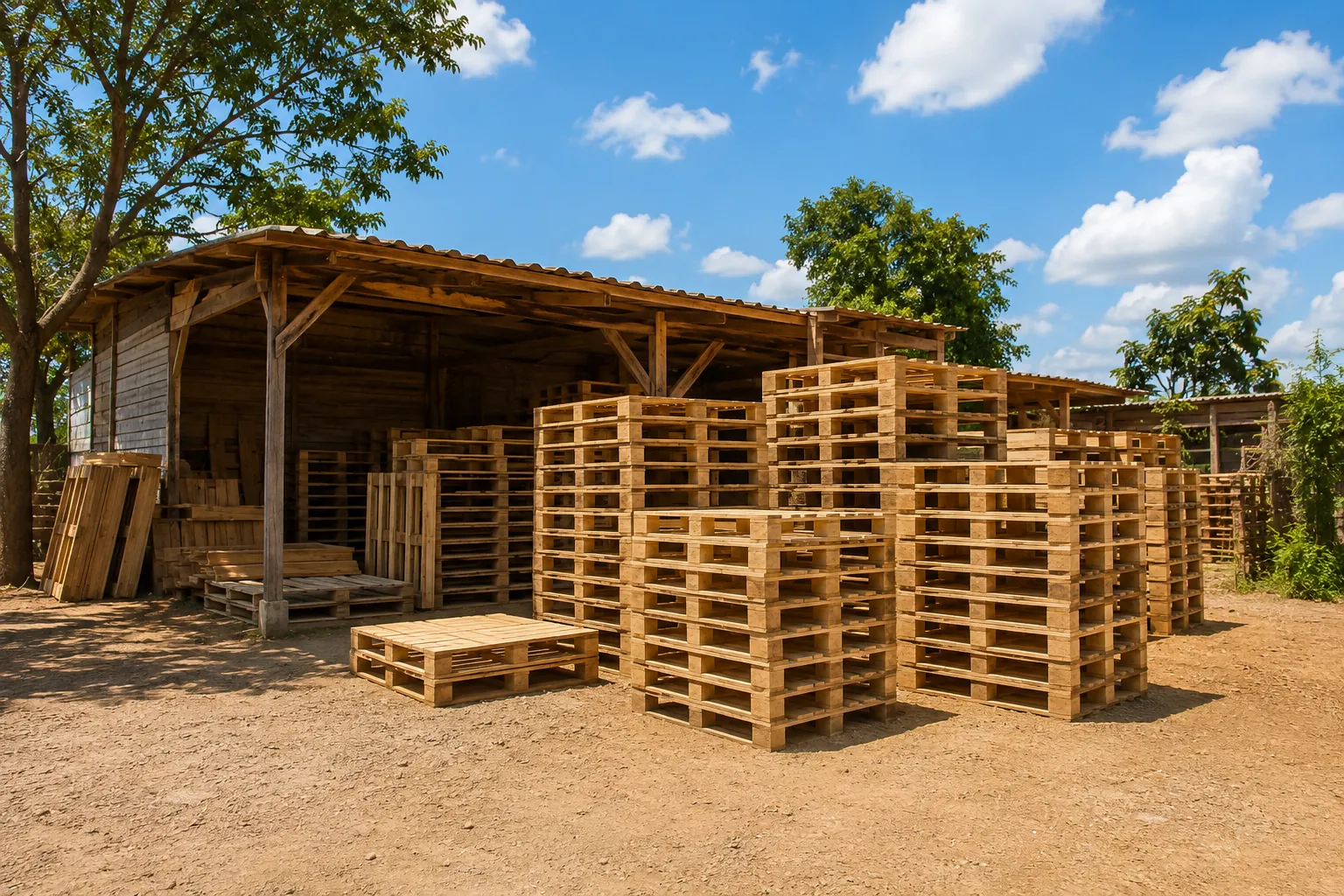 Pallets de madeira prontos e empilhados no pátio em Araranguá